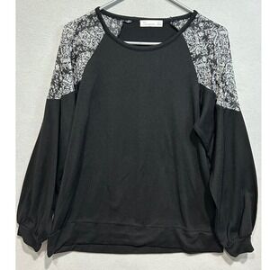 89th + Madison Top Womens Medium Black Floral Lace Raglan Long Sleeve Blouse